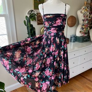 Vintage Laura Ashley Black & Pink Floral Dress 100% Cotton Fit & Flare Size 12